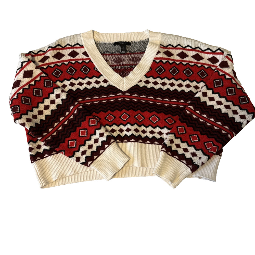 Forever 21 Fair Isle Red Cropped V Neck Knit Sweater Womens M Aztec Boho Holiday - Picture 2 of 11